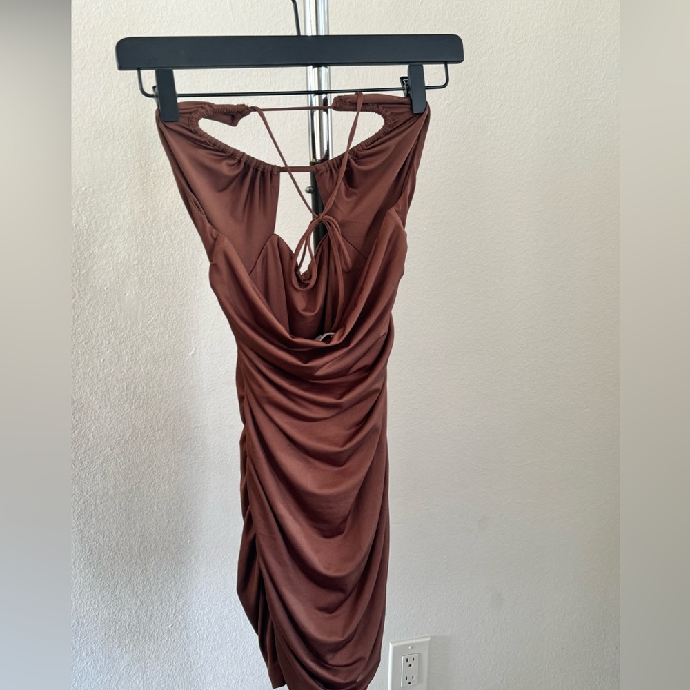 Oh Polly Ruched Keyhole Halter Mini Dress in Brown - Picture 2 of 5